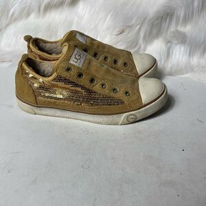 UGG gold sequins & tan leather suede sneakers with sheep skin fur lining…